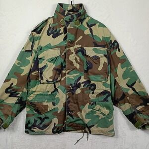 Military M-65‎ Field Jacket Mens Medium Vintage Camo Woodland Liner Army Utility